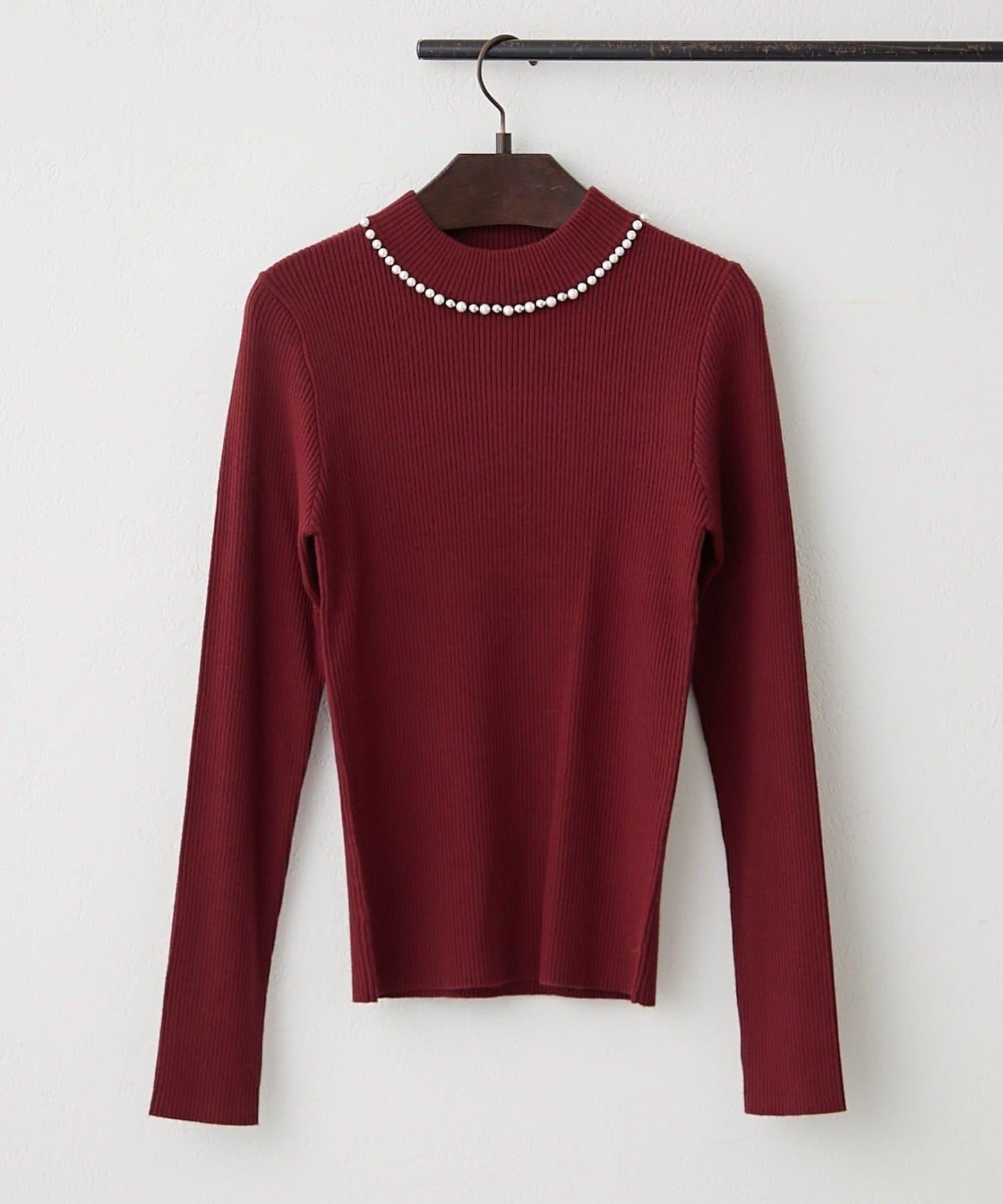 【RMAF】珍珠裝飾小高領羅紋針織衫