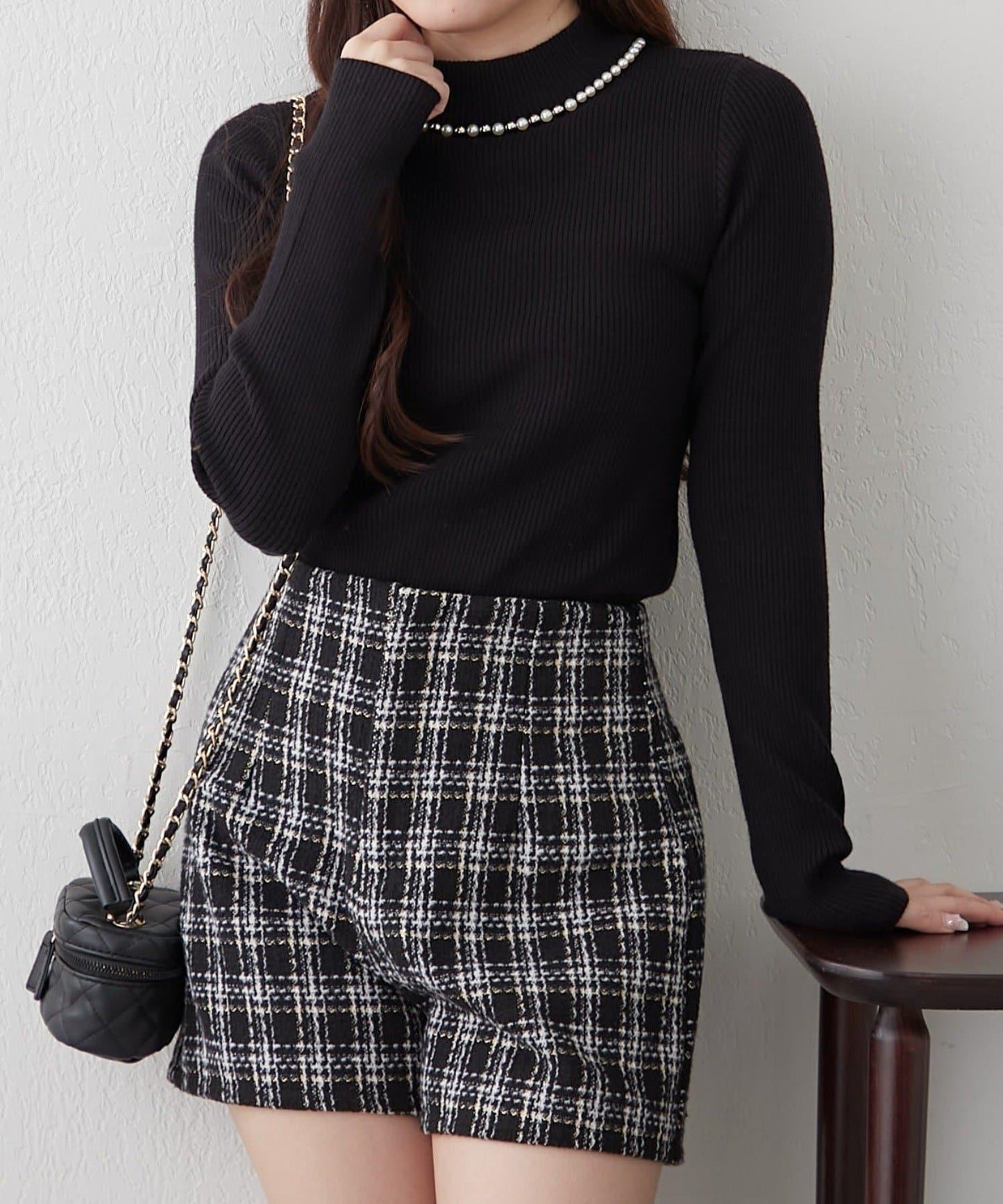 【RMAF】珍珠裝飾小高領羅紋針織衫