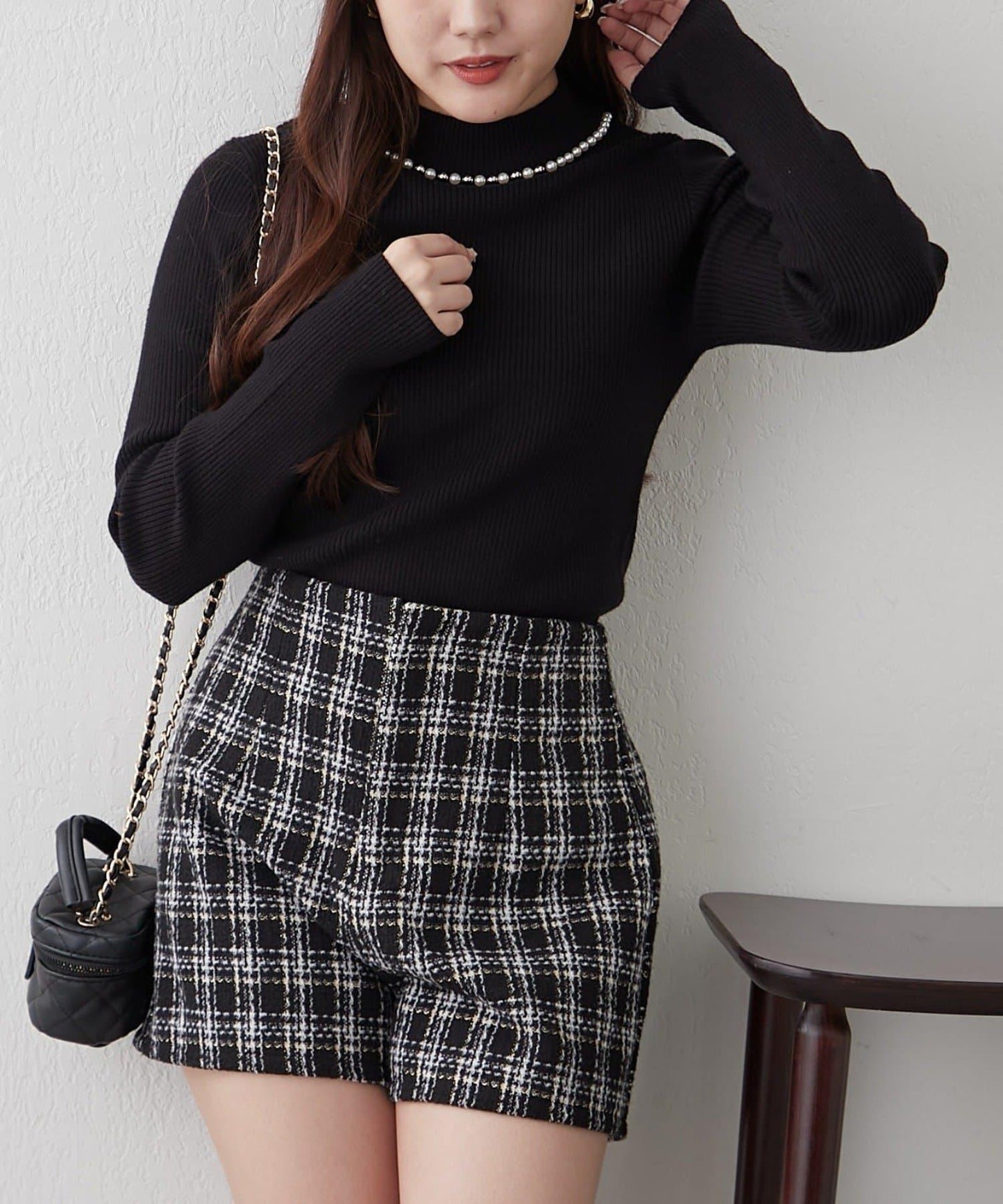 【RMAF】珍珠裝飾小高領羅紋針織衫