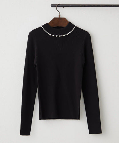 【RMAF】珍珠裝飾小高領羅紋針織衫