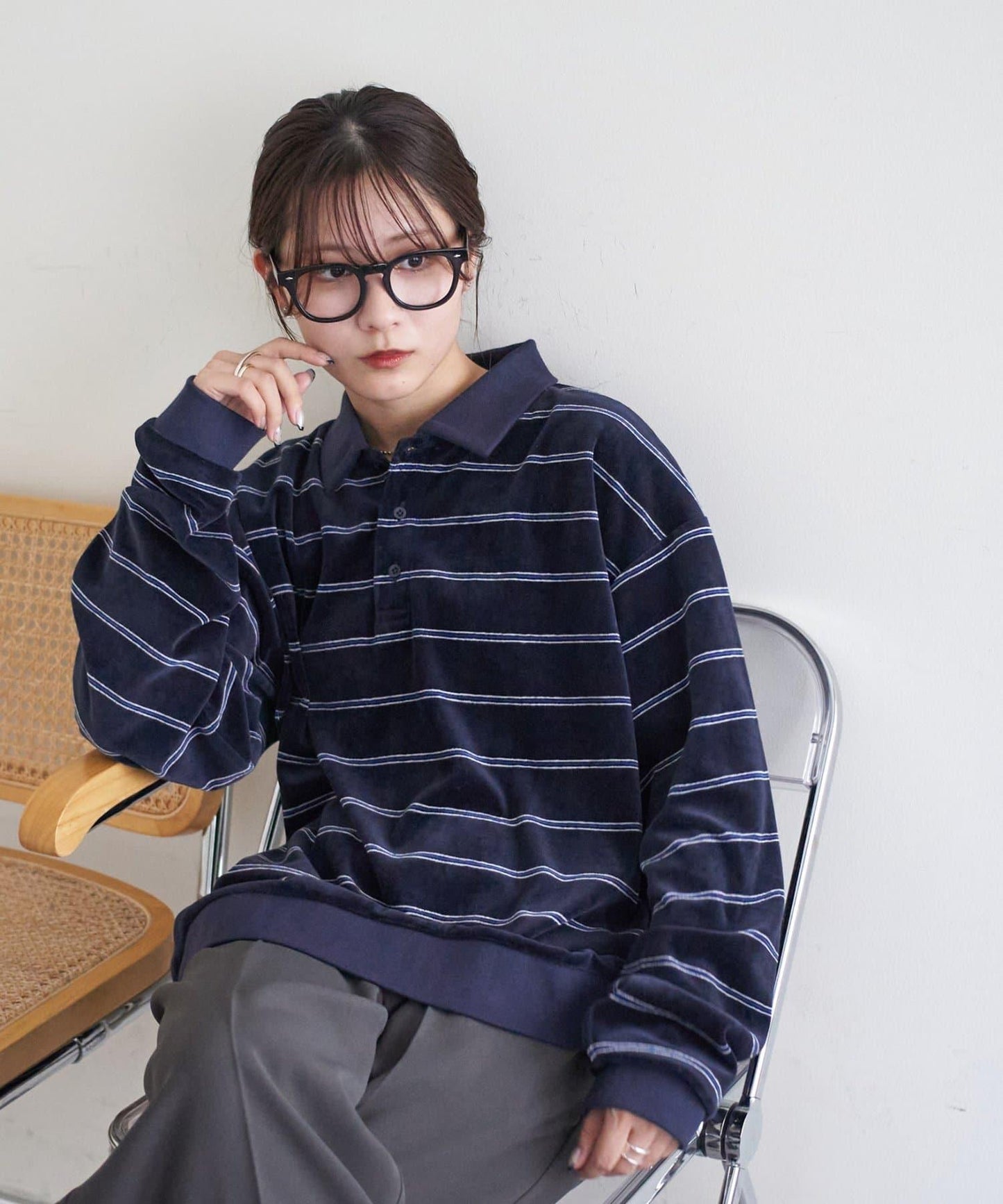 【Discoat】【男女同款】天鵝絨條紋POLO衫