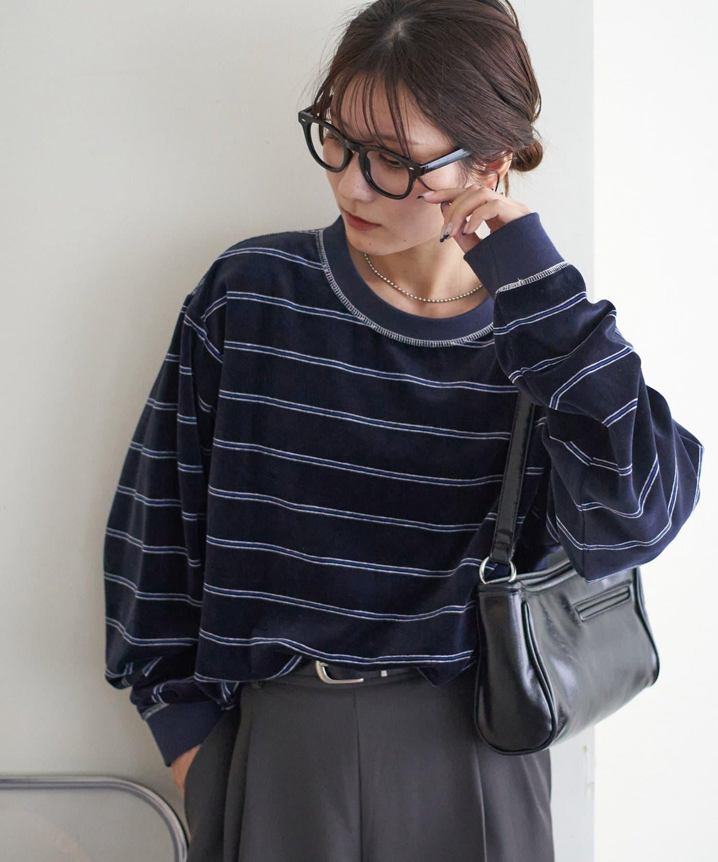 【Discoat】【男女同款】天鵝絨條紋圓領衫