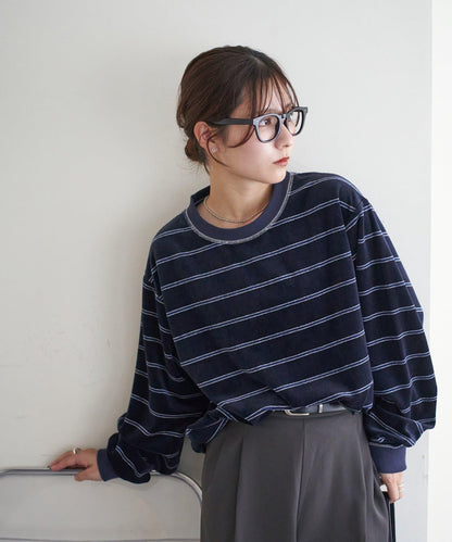 【Discoat】【男女同款】天鵝絨條紋圓領衫