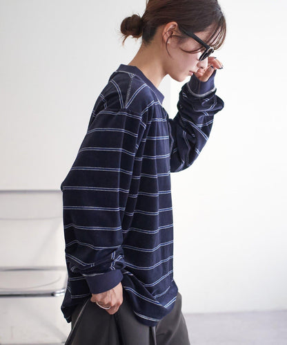 【Discoat】【男女同款】天鵝絨條紋圓領衫