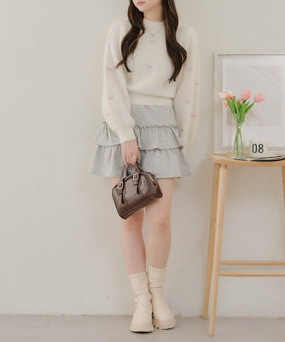 蝴蝶結刺繡羽毛針織衫