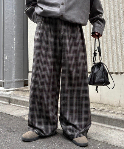 法蘭絨格紋褶皺寬鬆闊腿褲