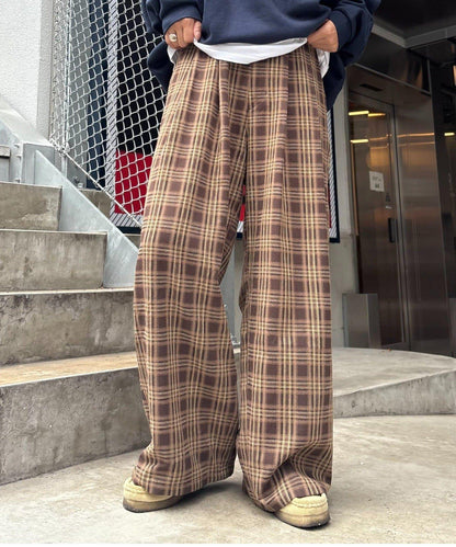 法蘭絨格紋褶皺寬鬆闊腿褲