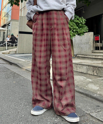 法蘭絨格紋褶皺寬鬆闊腿褲