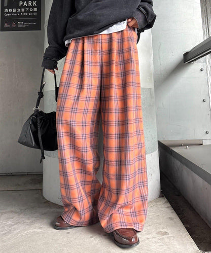法蘭絨格紋褶皺寬鬆闊腿褲