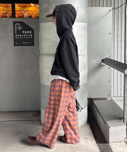 法蘭絨格紋褶皺寬鬆闊腿褲