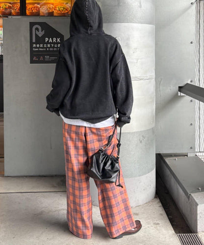 法蘭絨格紋褶皺寬鬆闊腿褲