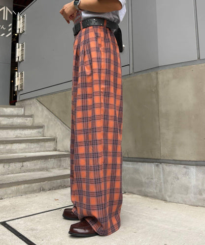 法蘭絨格紋褶皺寬鬆闊腿褲