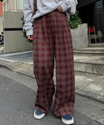 法蘭絨格紋褶皺寬鬆闊腿褲