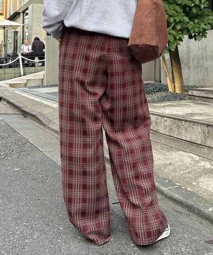 法蘭絨格紋褶皺寬鬆闊腿褲