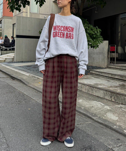 法蘭絨格紋褶皺寬鬆闊腿褲