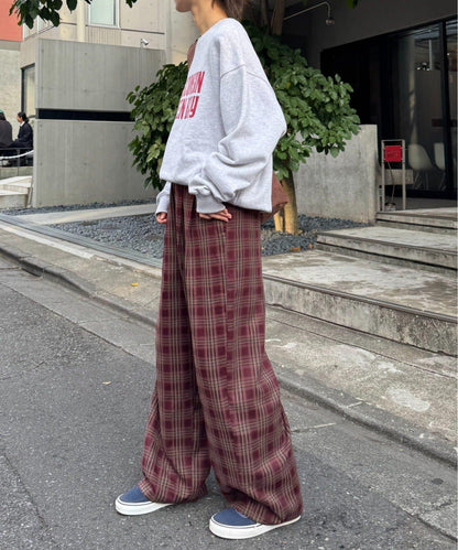 法蘭絨格紋褶皺寬鬆闊腿褲