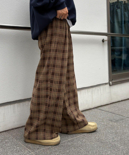 法蘭絨格紋褶皺寬鬆闊腿褲