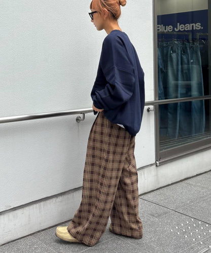 法蘭絨格紋褶皺寬鬆闊腿褲