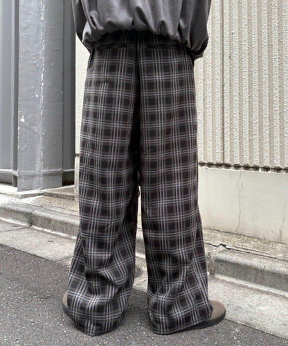 法蘭絨格紋褶皺寬鬆闊腿褲