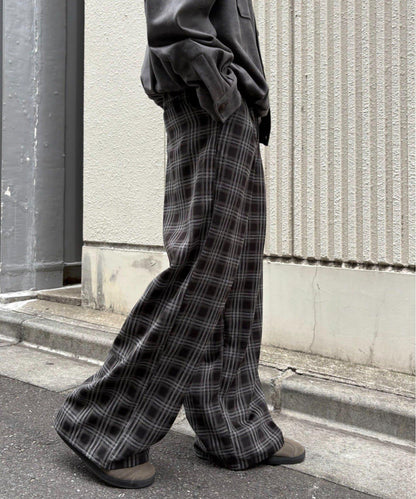法蘭絨格紋褶皺寬鬆闊腿褲