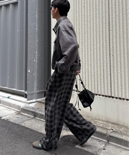 法蘭絨格紋褶皺寬鬆闊腿褲