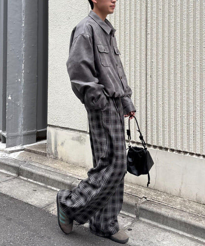 法蘭絨格紋褶皺寬鬆闊腿褲
