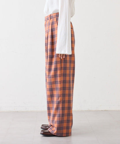 法蘭絨格紋褶皺寬鬆闊腿褲