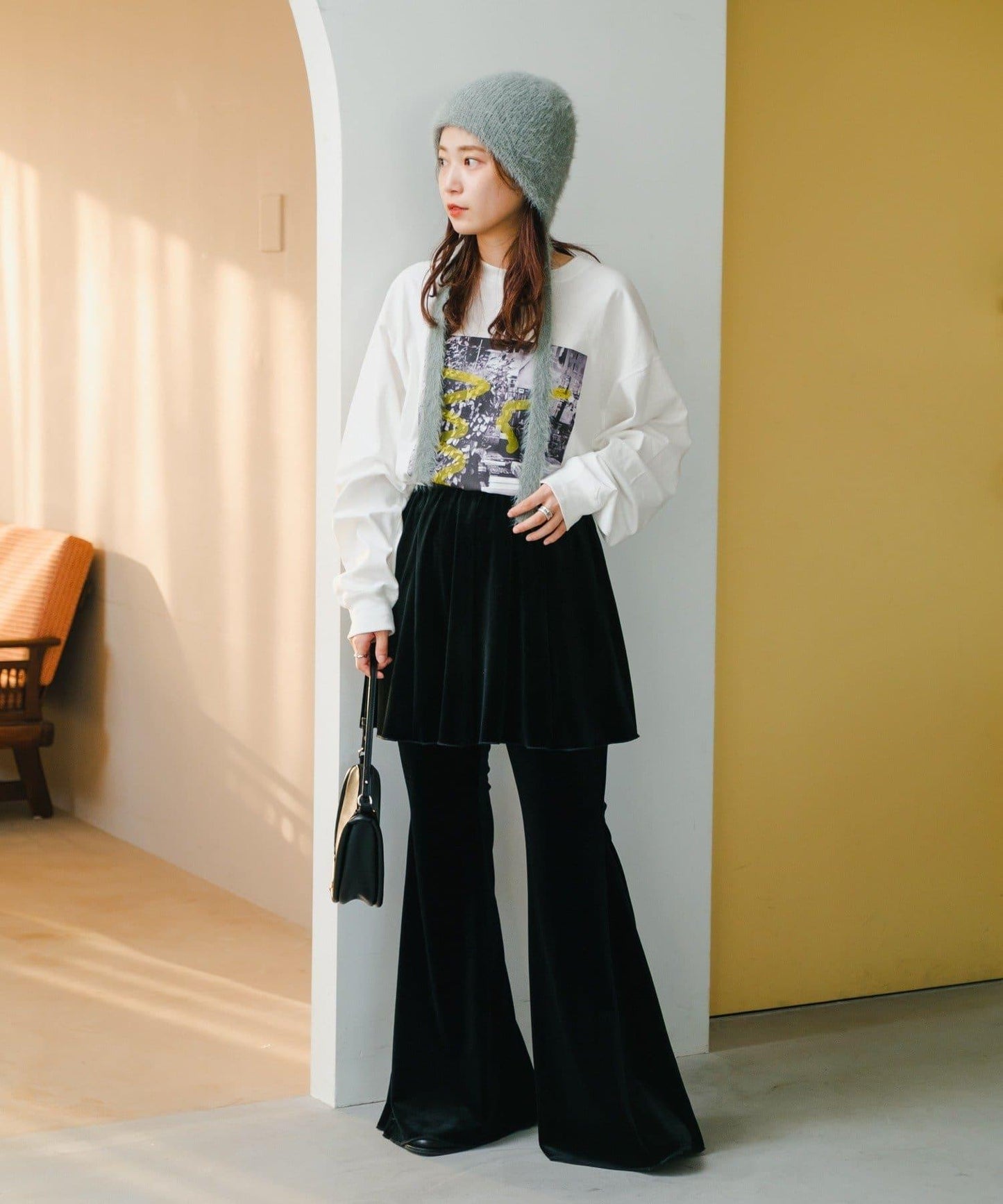 【・部分門店限定/2尺碼可選/小個子尺碼】天鵝絨半身裙褲套裝