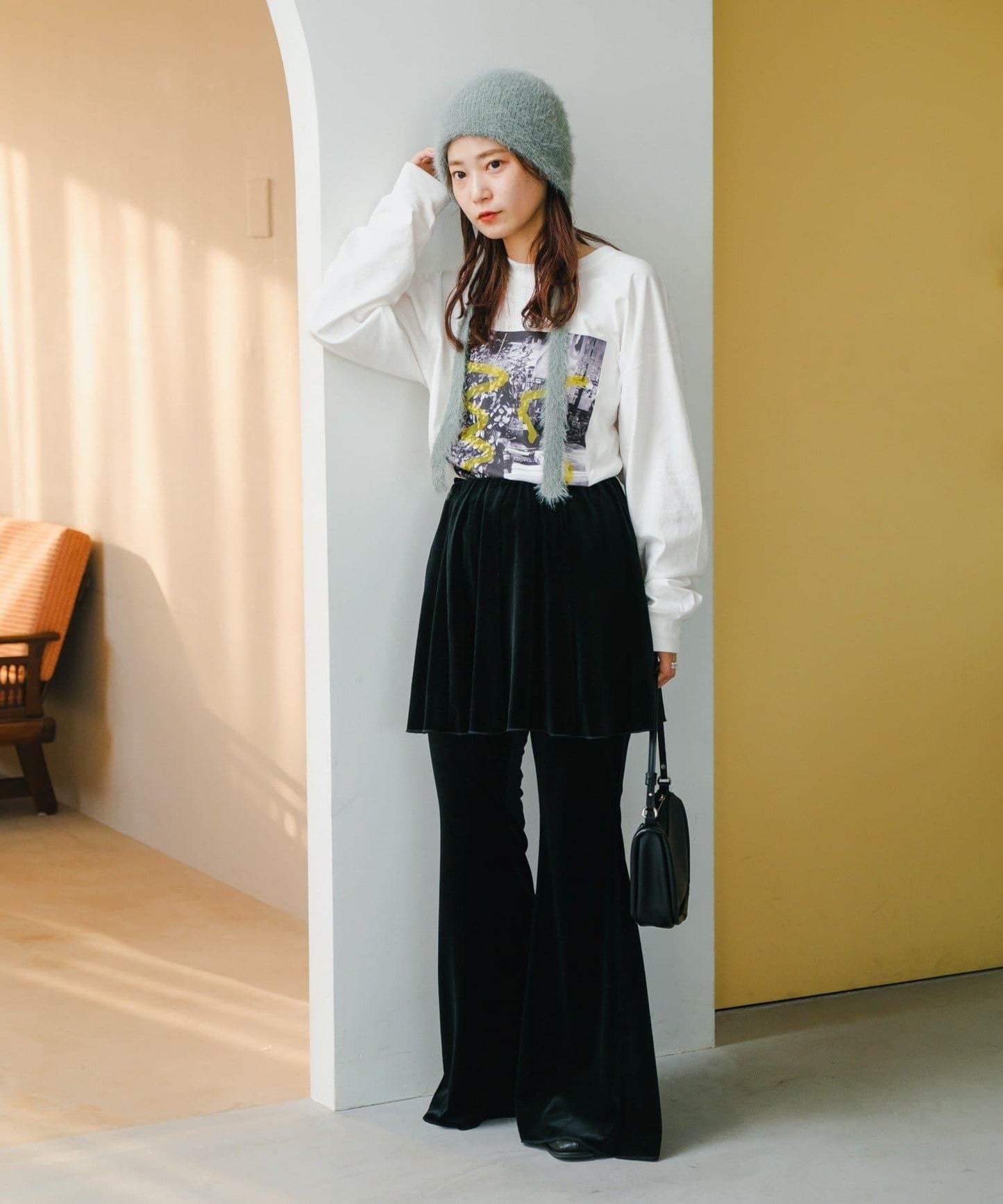 【・部分門店限定/2尺碼可選/小個子尺碼】天鵝絨半身裙褲套裝