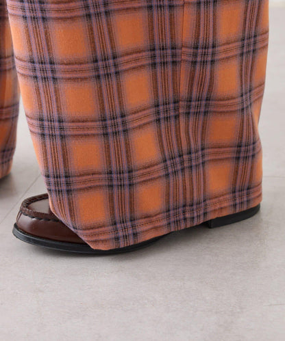 法蘭絨格紋褶皺寬鬆闊腿褲