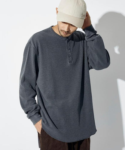 寬鬆版型水洗色華夫格長袖T恤