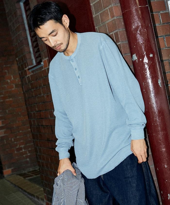 寬鬆版型水洗色華夫格長袖T恤