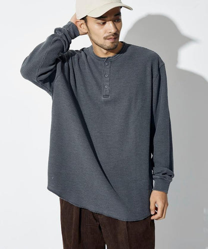 寬鬆版型水洗色華夫格長袖T恤