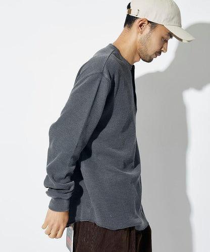 寬鬆版型水洗色華夫格長袖T恤