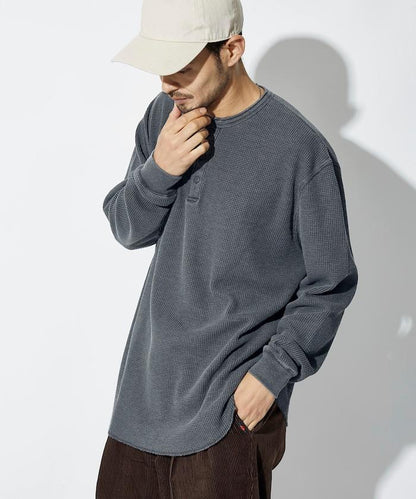 寬鬆版型水洗色華夫格長袖T恤