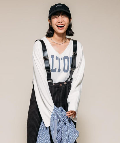 復古V領字母長袖T恤