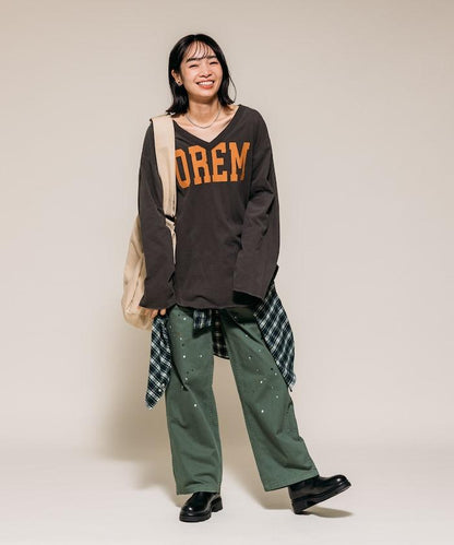 復古V領字母長袖T恤