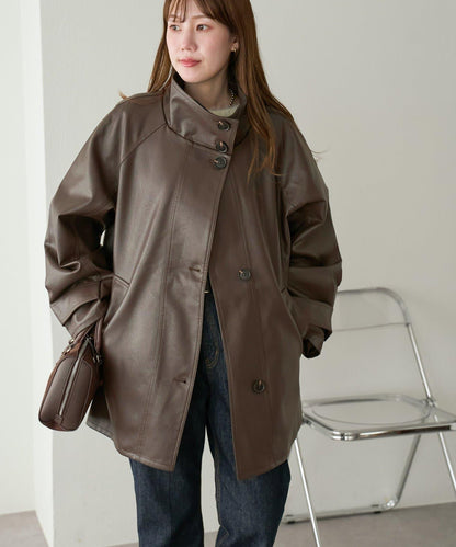 【Discoat】仿皮立領大衣