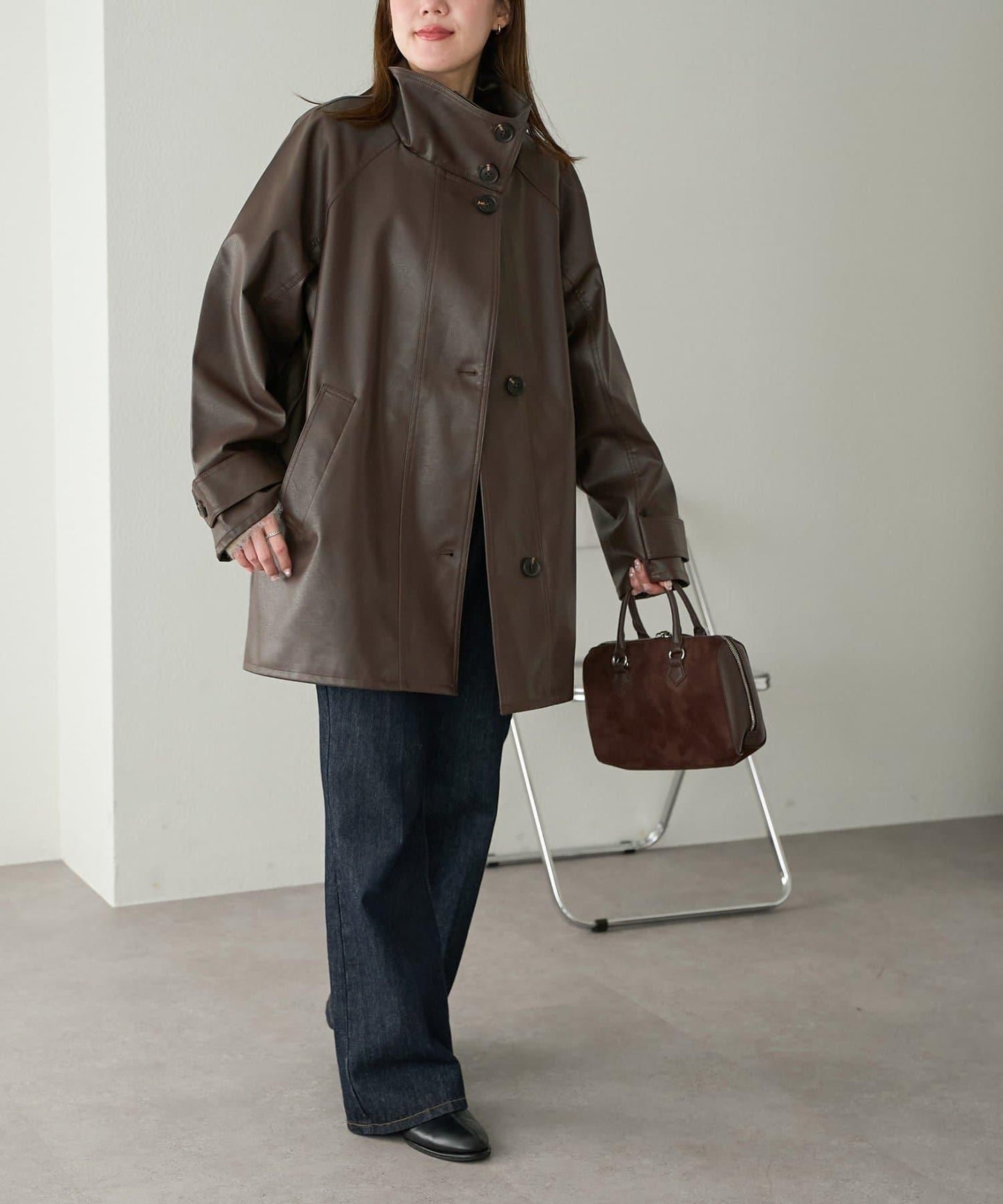 【Discoat】仿皮立領大衣