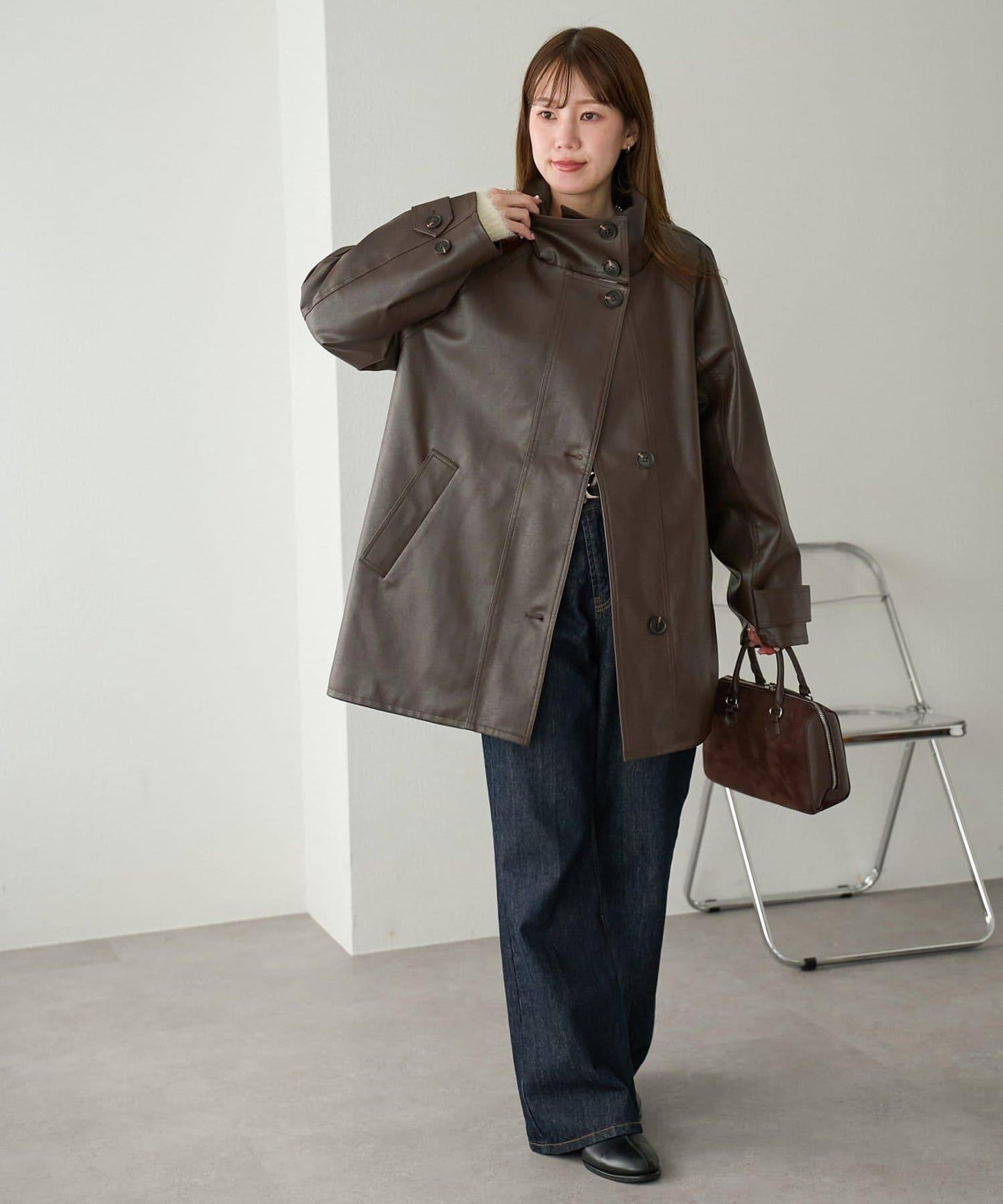 【Discoat】仿皮立領大衣