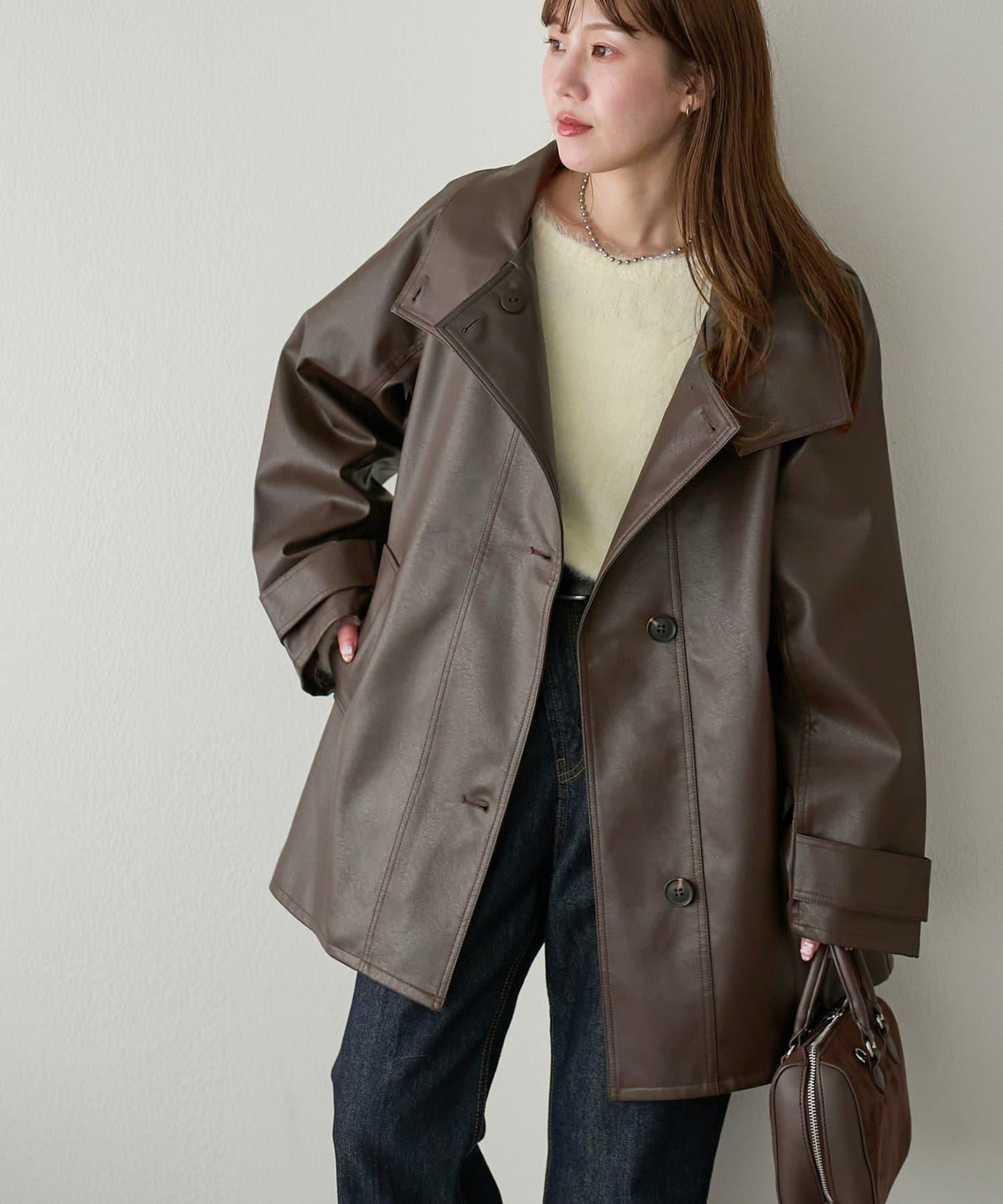 【Discoat】仿皮立領大衣