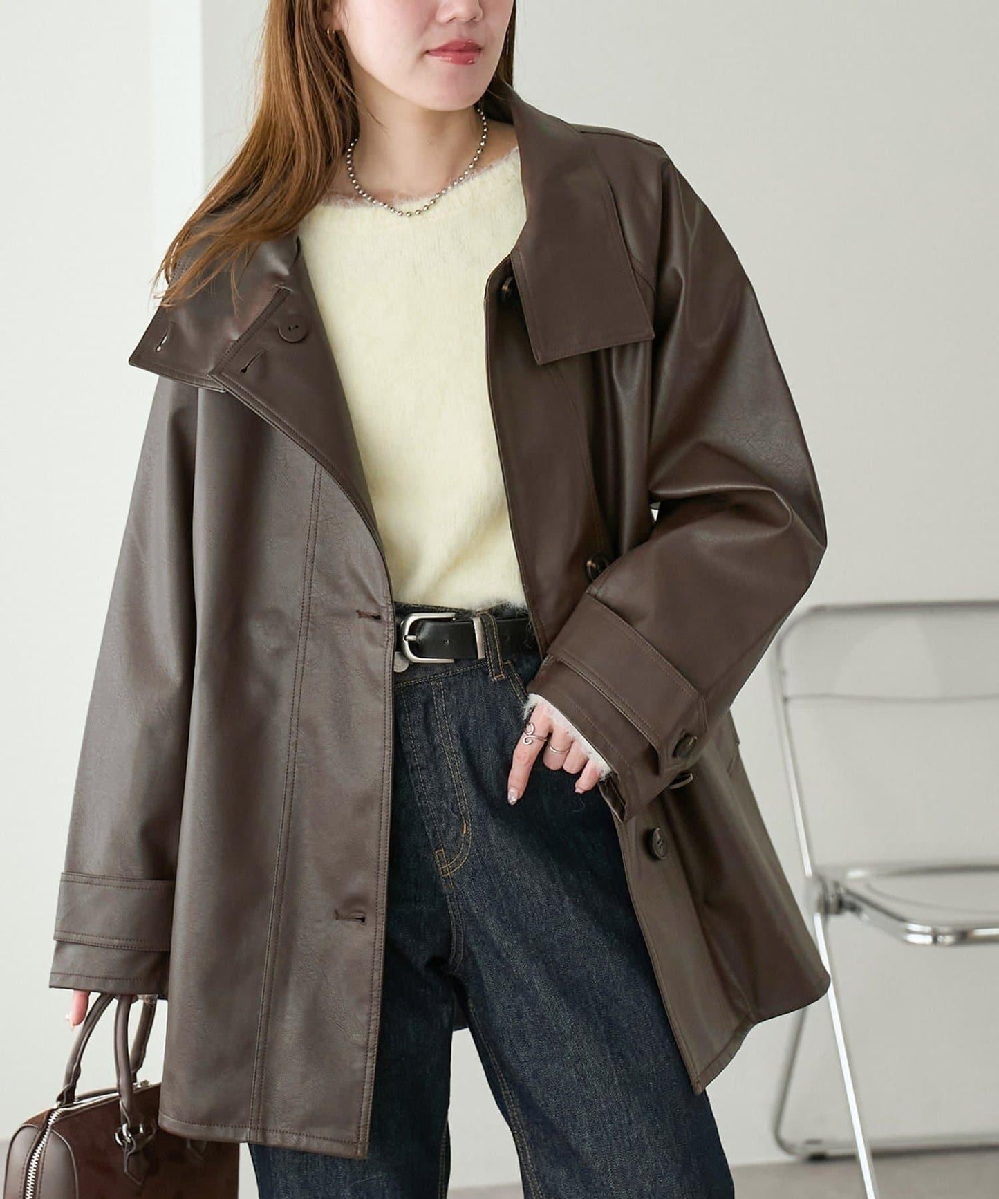 【Discoat】仿皮立領大衣