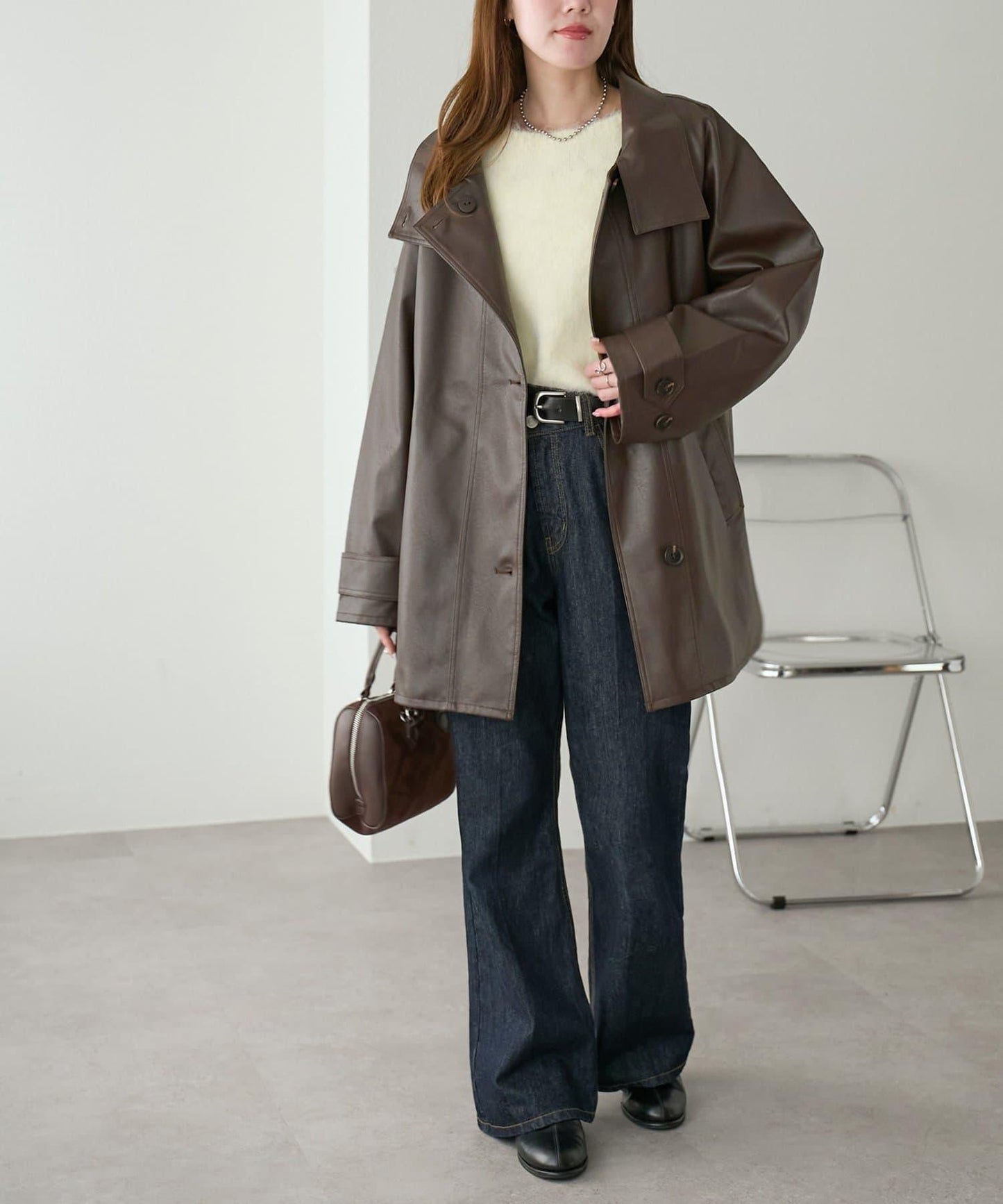 【Discoat】仿皮立領大衣