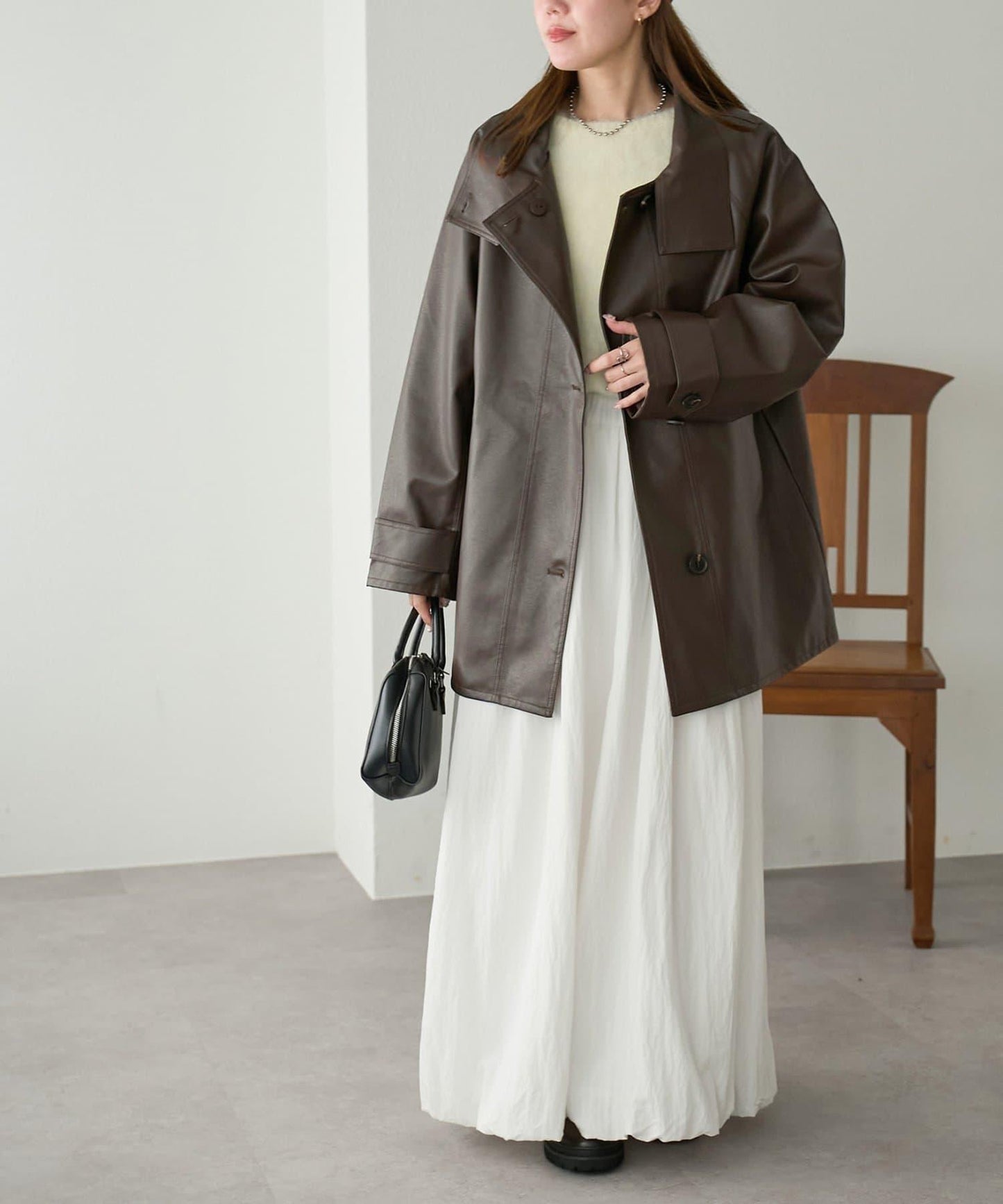 【Discoat】仿皮立領大衣