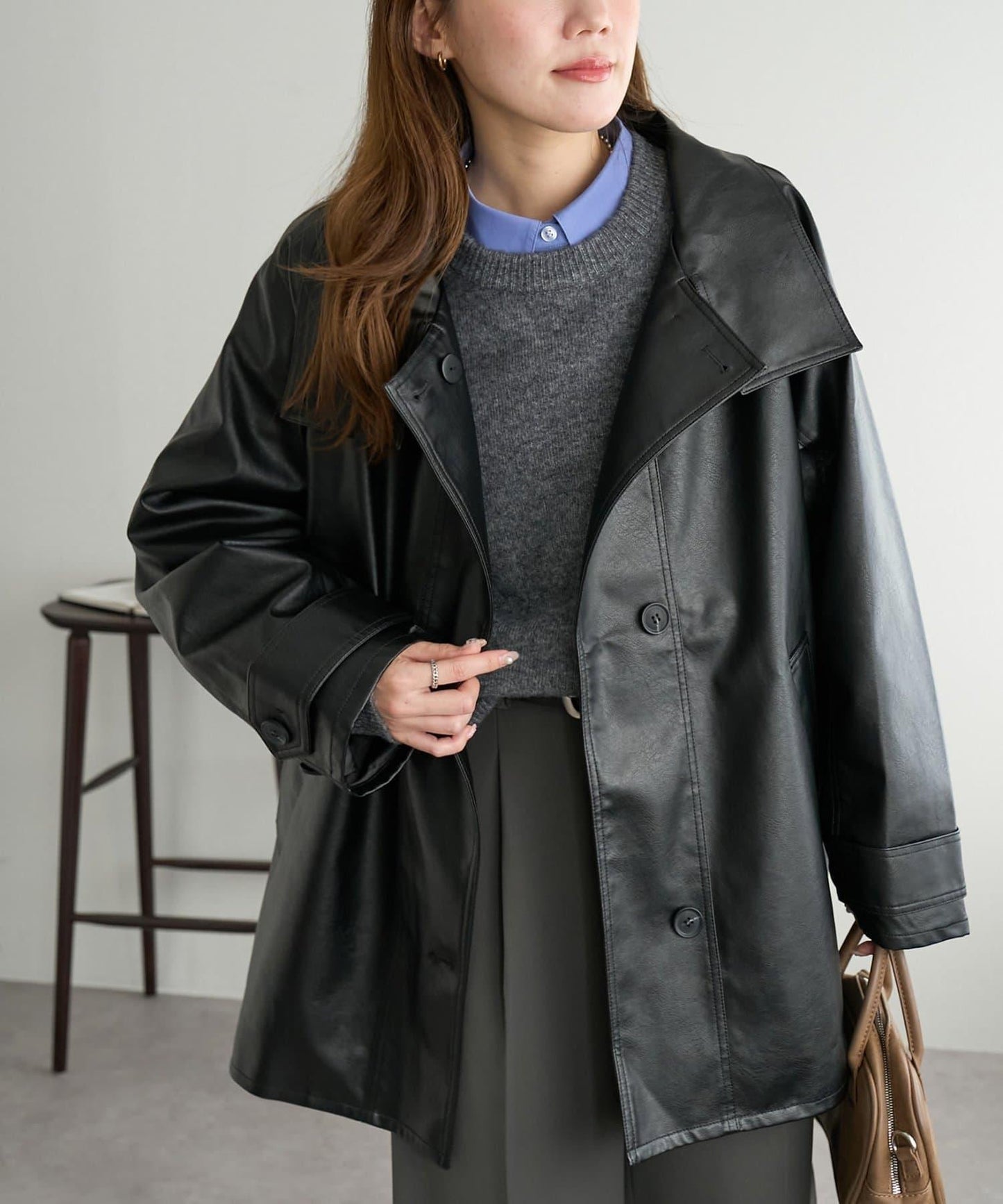 【Discoat】仿皮立領大衣