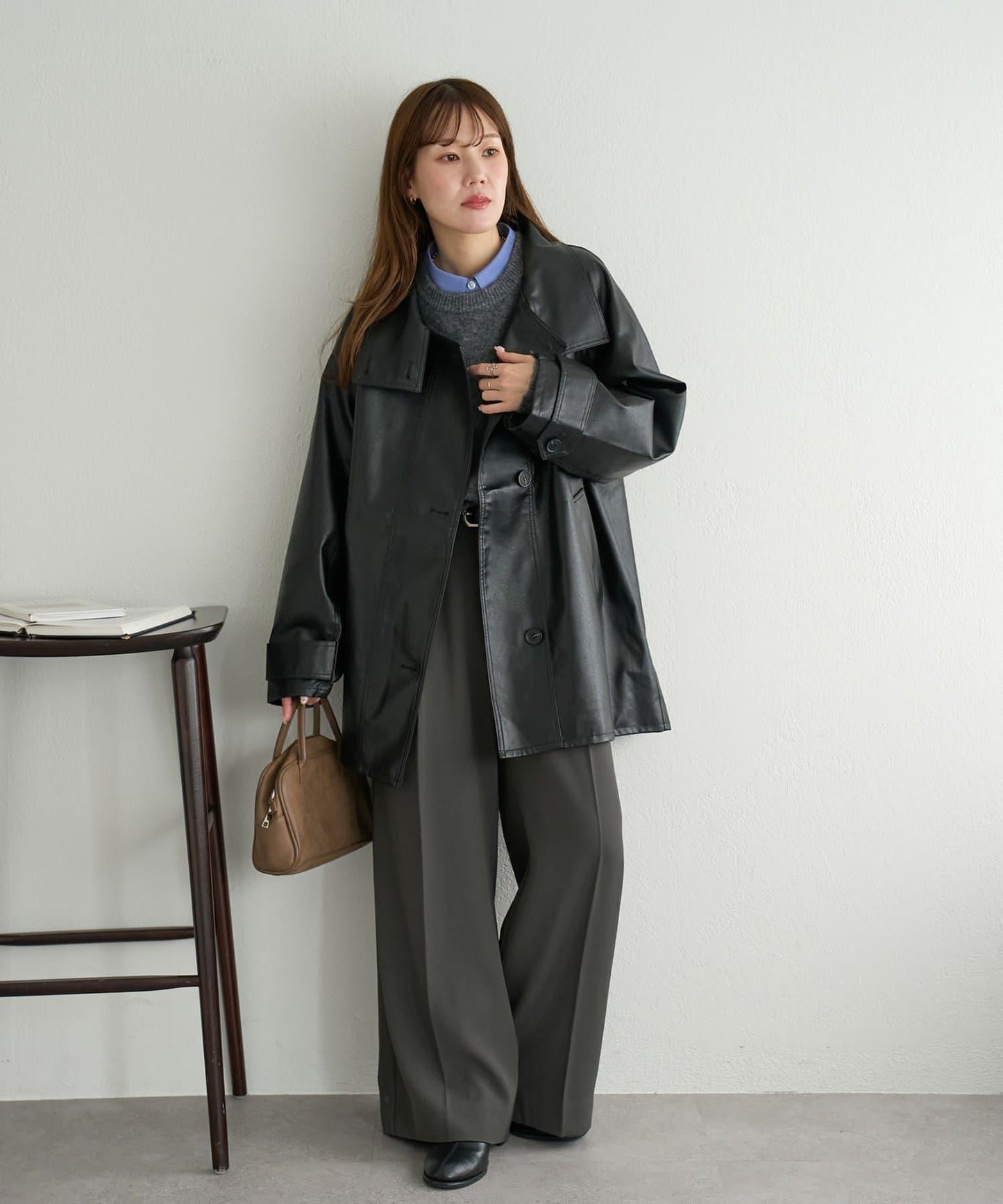 【Discoat】仿皮立領大衣