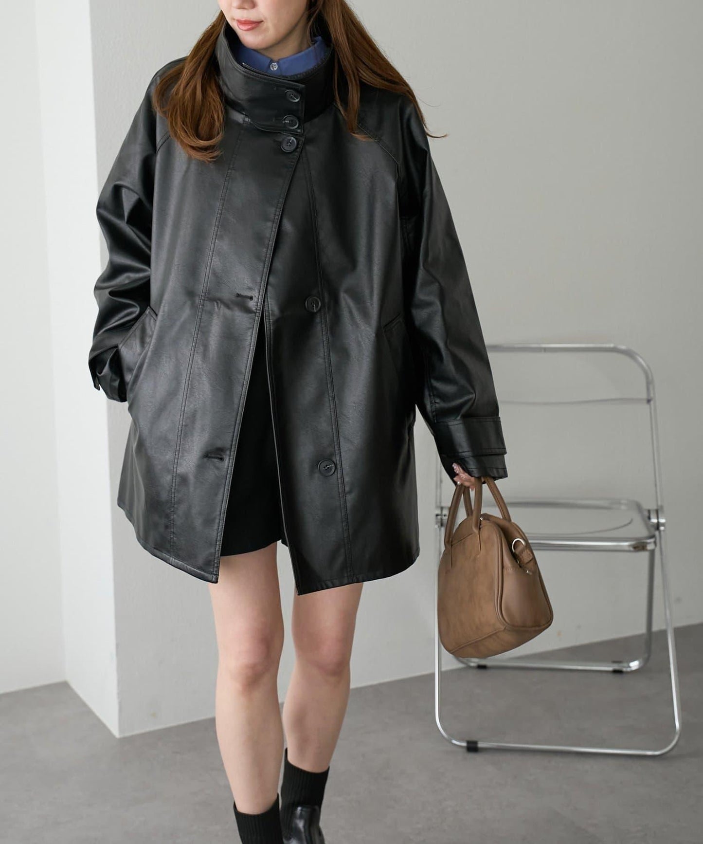 【Discoat】仿皮立領大衣