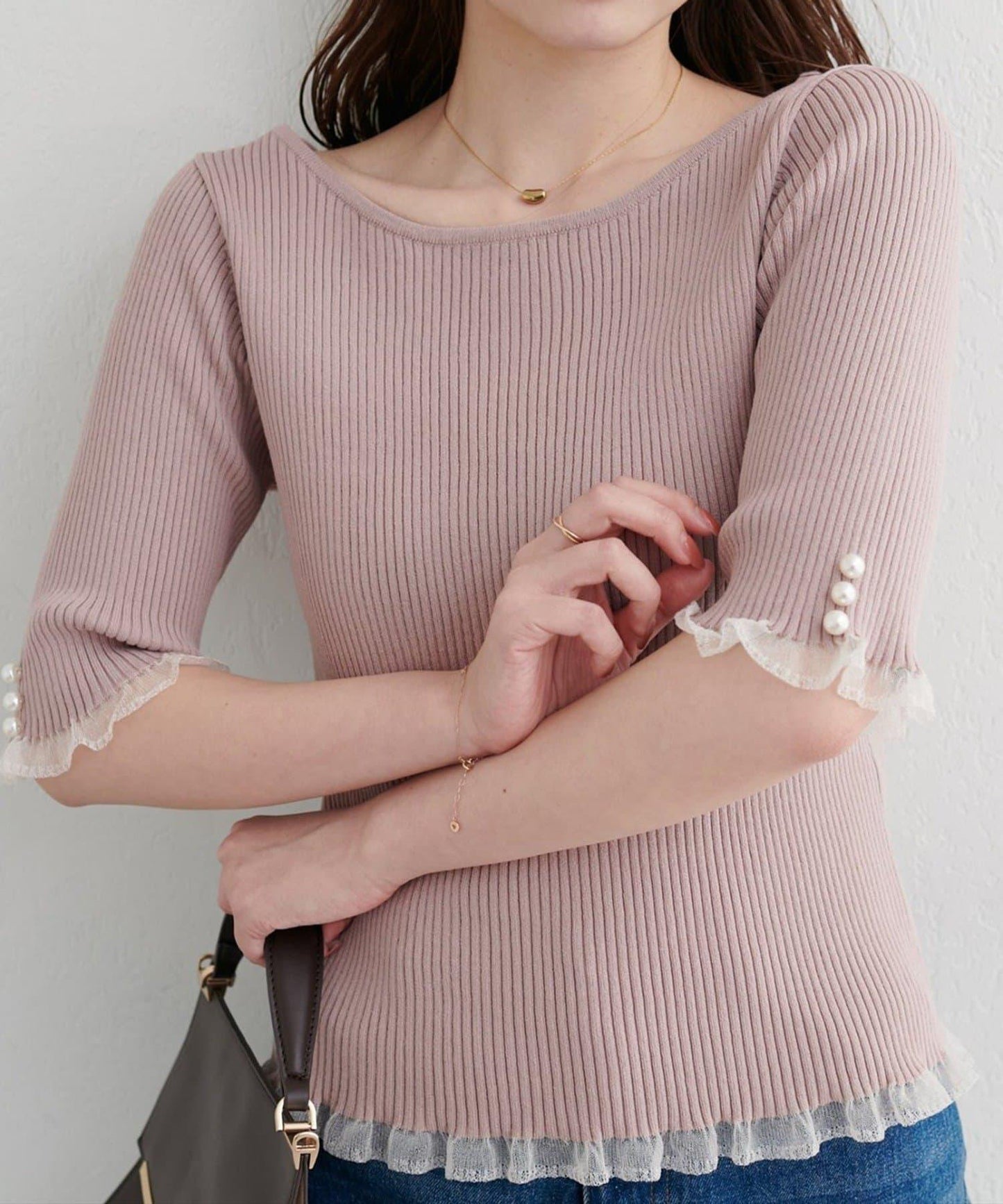 【natural couture】前後兩穿透視荷葉邊羅紋針織衫