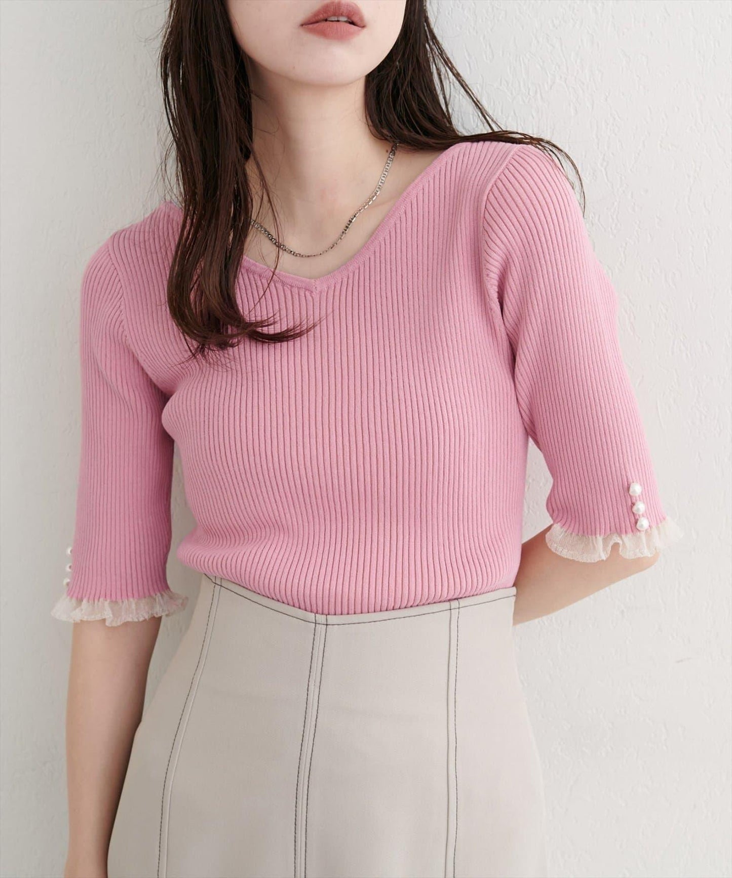 【natural couture】前後兩穿透視荷葉邊羅紋針織衫