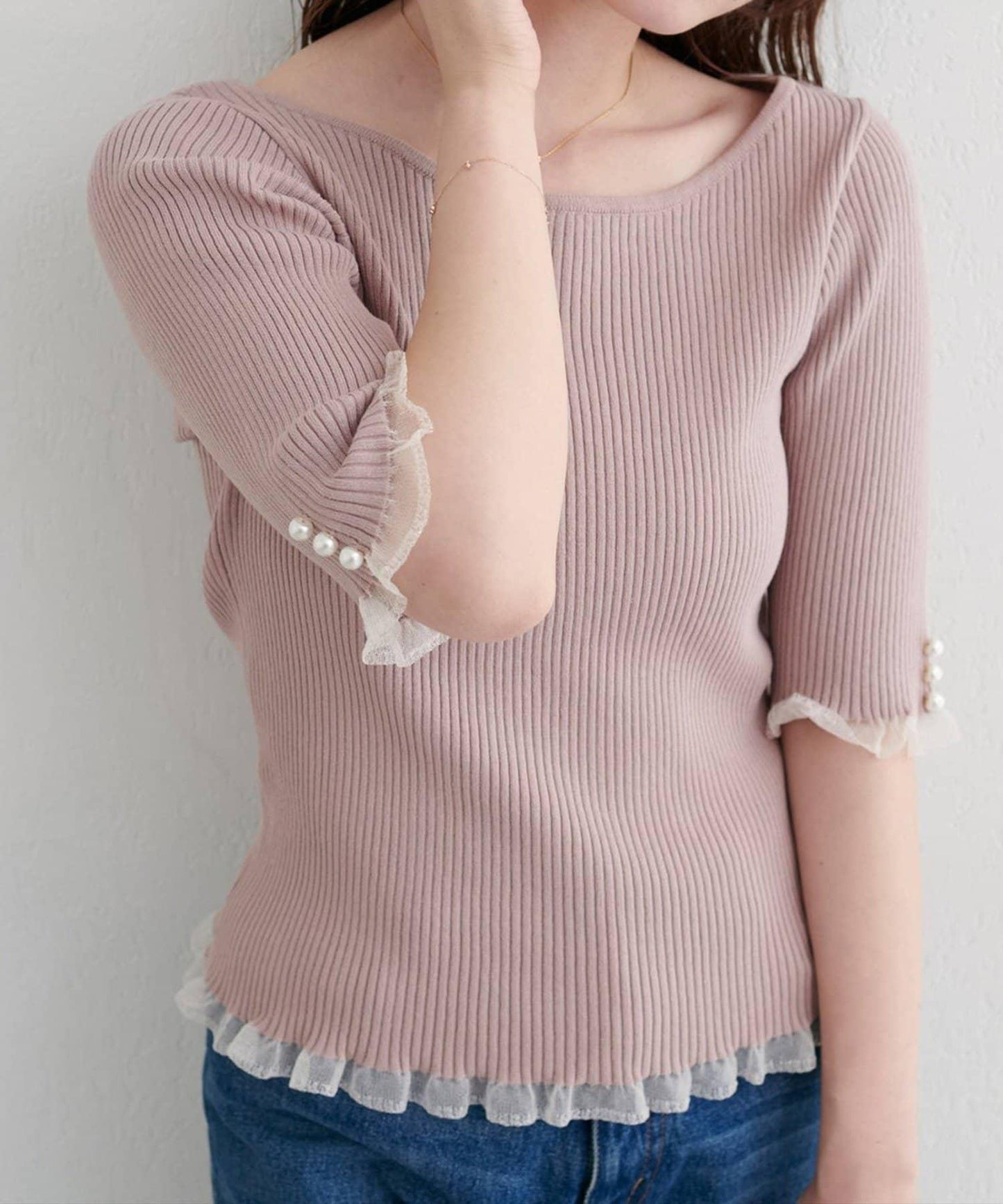 【natural couture】前後兩穿透視荷葉邊羅紋針織衫